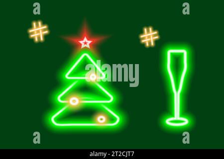 2 albero di Natale incandescente al neon e bicchiere di vino con hashtag. Concetto di progettazione per icone, ricerca, biglietti di auguri o inviti, poster, banner, brochure, affissioni, prezzo, etichetta o web. Vettore. EPS Illustrazione Vettoriale