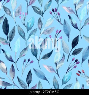Motivo senza cuciture con foglie astratte blu e boccioli floreali. Illustrazione di acquerello disegnata a mano. Illustrazione Vettoriale