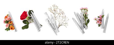 Set di proiettili e bellissimi fiori isolati su bianco, vista dall'alto Foto Stock