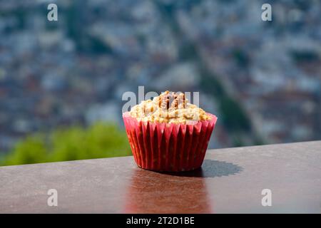 Gateau Grenoblois, torta di caffè alla noce francese, specialità di Grenoble e vista sulla parte centrale della città di Grenoble dai fortini della Bastiglia con le montagne A. Foto Stock