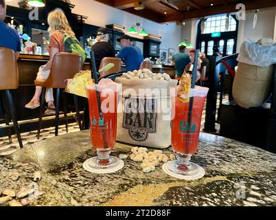 PRODUZIONE - 3 ottobre 2023, Singapore, Singapur: Due originali stand di Singapore Sling davanti ad un sacchetto di arachidi tradizionalmente serviti con esso al famosissimo Long Bar del Raffles Hotel. Le conchiglie possono essere gettate sul pavimento. Fu qui che il barista Ngiam Tong Boon inventò il cocktail a base di gin nel 1915. La bevanda ad alta prova sembra un succo di frutta in modo che le signore possano rispettare l'etichetta. Foto: Carola Frentzen/dpa Foto Stock