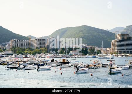 Molo con yacht a motore al largo della costa di Budva. Montenegro Foto Stock