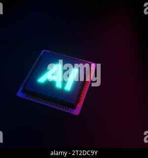 Segno blu al neon sul rendering 3d del chip della scheda madre Foto Stock