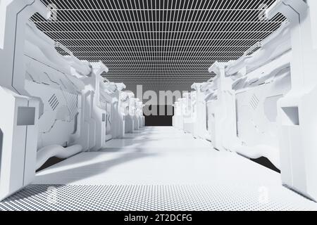 Tunnel bianco con rendering 3d di elementi fantascientifici Foto Stock