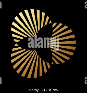 Icona a strisce astratte dorate con forme circolari sovrapposte su sfondo nero Illustrazione Vettoriale