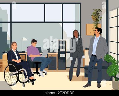 Un team aziendale che lavora in un ufficio moderno. Illustrazione Vettoriale
