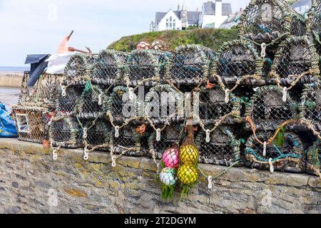 Port Isaac Cornwall, aragoste e vasi di granchio impilati sulle pareti del porto in questo villaggio di pescatori della Cornovaglia, Inghilterra, Regno Unito, settembre 2023 Foto Stock