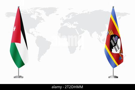 Giordania e Regno di eSwatini - bandiere dello Swaziland per l'incontro ufficiale sullo sfondo della mappa mondiale. Illustrazione Vettoriale