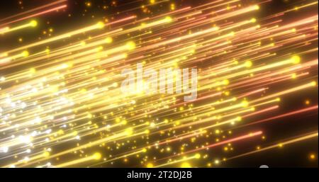 Linee luminose diagonali astratte di colore giallo, meteoriti di energia e luce provenienti da punti di energia magici, particelle su sfondo nero. Backg astratto Foto Stock