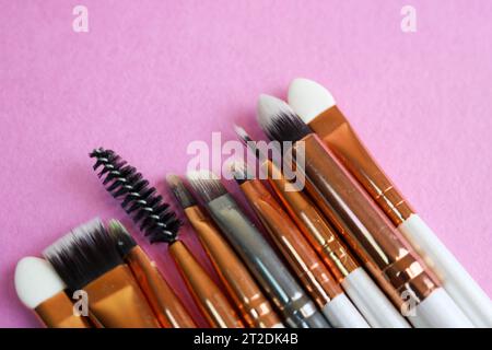 Un set di bellissimi pennelli morbidi diversi per il make-up da un pisolino naturale per il targeting di bellezza e l'applicazione di una base tonale in un supporto e uno spazio di copia Foto Stock