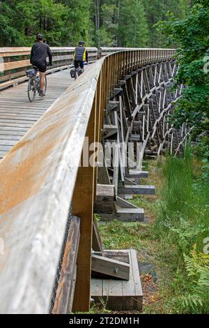 Pedala attraverso un ponte a cavalletto sul Galloping Goose Trail e sul Sooke Potholes Regional Park Foto Stock