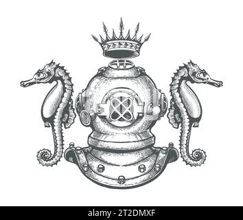Elmetto da immersione per incisione con Crown e Seahorse isolati su un'illustrazione vettoriale bianca Illustrazione Vettoriale