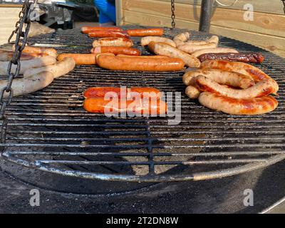 Carne deliziosa succosa fritta ruddy alla griglia e fuoco aperto alla griglia salsicce grigliate di pollo, maiale e manzo in un involucro naturale. Cibo di strada. Foto Stock