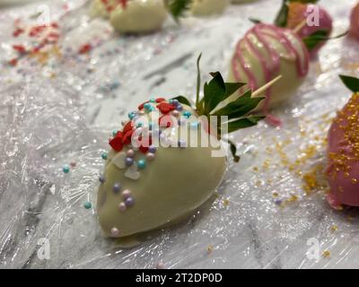 Splendida varietà di fragole fresche, colorate, gustose, dolci e succose, in cioccolato belga manomesso bianco e fondente al latte con decorazioni festive Foto Stock