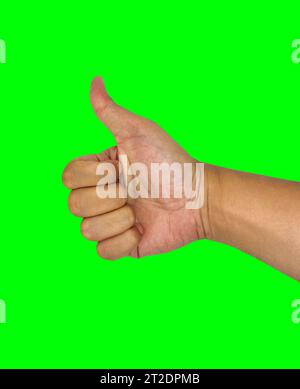 consente di aggiungere il pollice al segno della mano con sfondo verde, approvazione o simile a questo dito gestuale, ok, segnale fine Foto Stock