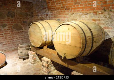 Grandi botti di legno rotonde per birra, vino nella vecchia cantina del Medioevo in mattoni. Foto Stock