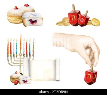 Simboli Hanukkah, set di illustrazioni ad acquerello isolato su sfondo bianco. Sufganiyot ciambella ebraica, menorah con candele Foto Stock