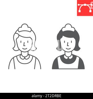 Cameriera e icona a forma di glifo, donna che pulisce e servizi alberghieri, donna che pulisce icona vettore, grafica vettoriale, segno di contorno del tratto modificabile, eps 10. Illustrazione Vettoriale