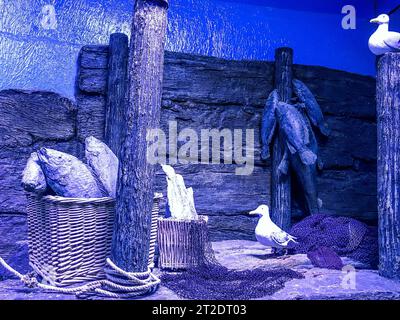 l'antica città affondò sott'acqua a causa del relitto. sculture in gesso e colonne, antica piazza. l'antica città è ora sede di pesci. Foto Stock