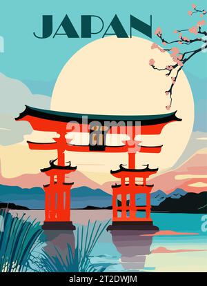 Poster per destinazioni di viaggio in Giappone in stile retrò. Illustrazione Vettoriale