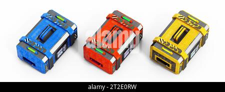 Scrigni fantascientifici isolati su sfondo bianco. Illustrazione 3D. Foto Stock