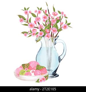 Illustrazione ad acquerello disegnata a mano. Caraffa in vetro con rami sakura e recipiente in ceramica con mochi e dango Foto Stock