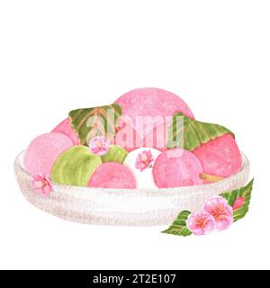 Illustrazione ad acquerello disegnata a mano. Ciotola in ceramica bianca con mochi rosa e dolcetti di dango con fiori sakura Foto Stock