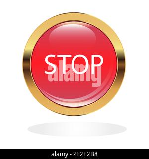 Viene raffigurato un cerchio di colore rosso in una cornice dorata. Motore di iscrizione, colore bianco STOP. Illustrazione Vettoriale