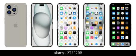 Nuovo iPhone 15 pro nero e grigio. Smartphone Apple inc. Con ios 15. Schermo bloccato, pagina di navigazione del telefono, home page con 47 app più popolari. Backgrou nero Illustrazione Vettoriale