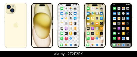 Nuovo iPhone 15 dorato. Smartphone Apple inc. Con ios 15. Schermo bloccato, pagina di navigazione del telefono, home page con 47 app più popolari. Sfondo nero. Editori Illustrazione Vettoriale