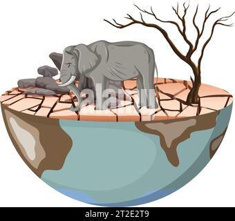 Illustrazione di un elefante malinconico in un paesaggio asciutto, che simboleggia la deforestazione Illustrazione Vettoriale