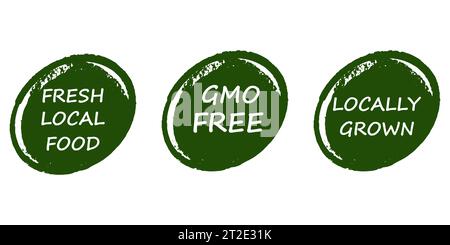 Un set di adesivi organici, etichette, badge e logo. PRODOTTI LOCALI FRESCHI, NON OGM, COLTIVATI LOCALMENTE. Modello di logo per prodotti biologici ed ecologici. Illustrazione Vettoriale