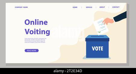 Concetto di illustrazione vettoriale di voto online. Una mano che mette un voto nella scatola. Informazioni sulle pagine Web di voting. Illustrazione Vettoriale