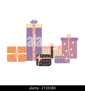 Un grande mucchio di confezioni regalo decorate con nastro, fiocchi e ornamenti. Tanti regali per le vacanze. Isolato su sfondo bianco. Illustrazione vettoriale Illustrazione Vettoriale