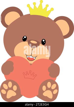 Divertente personaggio Teddy che tiene le zampe di un grande cuore. Il concetto di San Valentino. illustrazione vettoriale piatta isolata su sfondo bianco Illustrazione Vettoriale