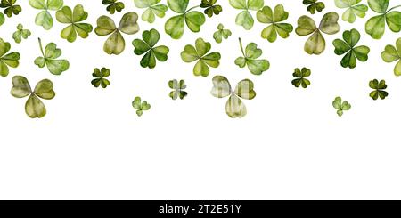 Acquerello illustrazione disegnata a mano, festa di San Patrizio. Fortunato trifoglio verde foglie di shamrock. Bordo senza cuciture. Tradizione irlandese. Isolato su bianco Foto Stock