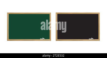 Set lavagna. Lavagna realistica nera e verde con struttura in legno isolata su sfondo bianco. Raccolta lavagna. Lavagna sporca sfregata. Illustrazione Vettoriale