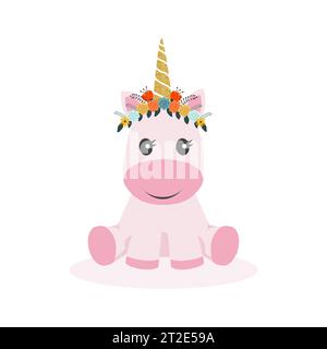 Simpatico unicorno isolato su sfondo bianco. Icona Cartoon per sito Web, poster, sfondo, decorazione cellulare, app, materiale stampato e vettura di benvenuto Illustrazione Vettoriale