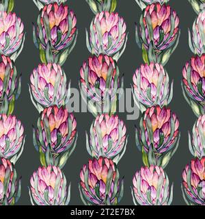 Motivo floreale senza cuciture. Rosa Protea con molta vegetazione, carta digitale stilizzata. Foto Stock