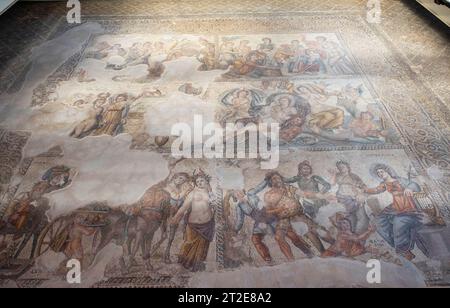 Sezione di un mosaico romano nella Casa di Aion, Pafo Parco Archeologico, Nea Pafos, Paphos, Cipro. Foto Stock