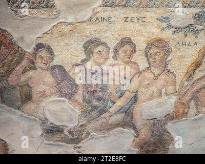 Pannello a mosaico nella Reception Hall della casa di Aion, Sito Archeologico di Kato Pafos, Paphos (Paphos), Pafos District, la Repubblica di Cipro Foto Stock