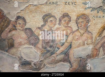 Pannello a mosaico nella Reception Hall della casa di Aion, Sito Archeologico di Kato Pafos, Paphos (Paphos), Pafos District, la Repubblica di Cipro Foto Stock