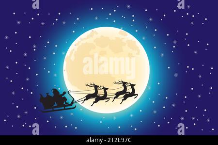 Babbo Natale vola su una slitta con le renne cielo notturno su sfondo lunare piena. Biglietto di Natale. Illustrazione vettoriale Illustrazione Vettoriale