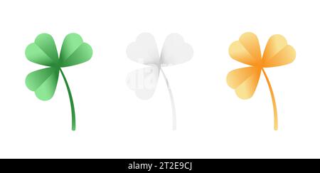 Set di shamrock nei colori della bandiera irlandese. Illustrazione di trifoglio verde, bianco e arancione su sfondo bianco isolato. Elementi decorativi per St. Patric Illustrazione Vettoriale