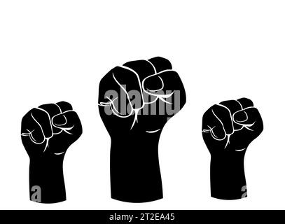 Tre pugni stringuti sollevati. Il concetto di protesta, libertà, rivoluzione, lotta per i diritti umani, unificazione e fratellanza. Isolato. Vettore Illustrazione Vettoriale
