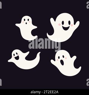 Set di fantasmi carini. Decorazioni spaventose con il design di mostri spettrali per la festa di Halloween. Personaggio spettrale dei cartoni animati per la festa di ottobre e gli inviti. Piatto Illustrazione Vettoriale