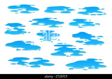 Pozzanghere di acqua piovana dei cartoni animati. Schizzi di liquidi, perdite. Set vettoriale isolato di schizzi e schizzi bagnati. L'acqua fluida schizza dopo la giornata piovosa. Vernice, gel, colla o elementi di perdita Illustrazione Vettoriale