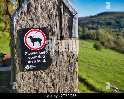 Un cartello nero, bianco e rosso fissato su un palo di legno intemprato che chiede ai proprietari di cani di tenere il loro cane su un piombo. Preso in una giornata di sole in autunno a Derbyshi Foto Stock