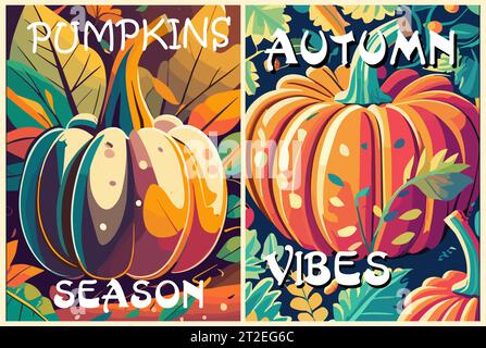 Set di sfondi autunnali astratti con zucche. Illustrazione Vettoriale