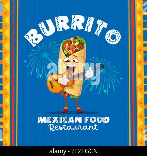 Cartoni animati invitante burrito messicano mariachi con chitarra e fuochi d'artificio. Banner promozionale del ristorante Vector con simpatico personaggio del cibo tex mex che gioca ai ritmi tradizionali delle vacanze in Messico Illustrazione Vettoriale